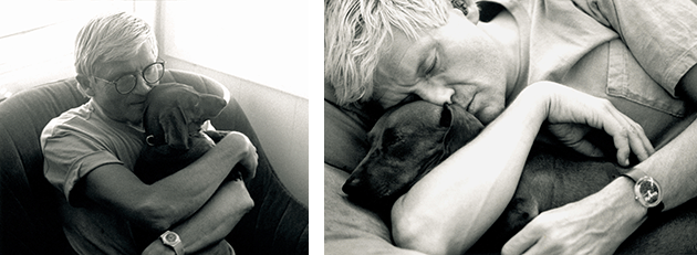 (left): David Hockney, 1992. Image: Science History Images / Alamy Stock Photo (right): David Hockney with his Dachshund. Image: Science History Images / Alamy 